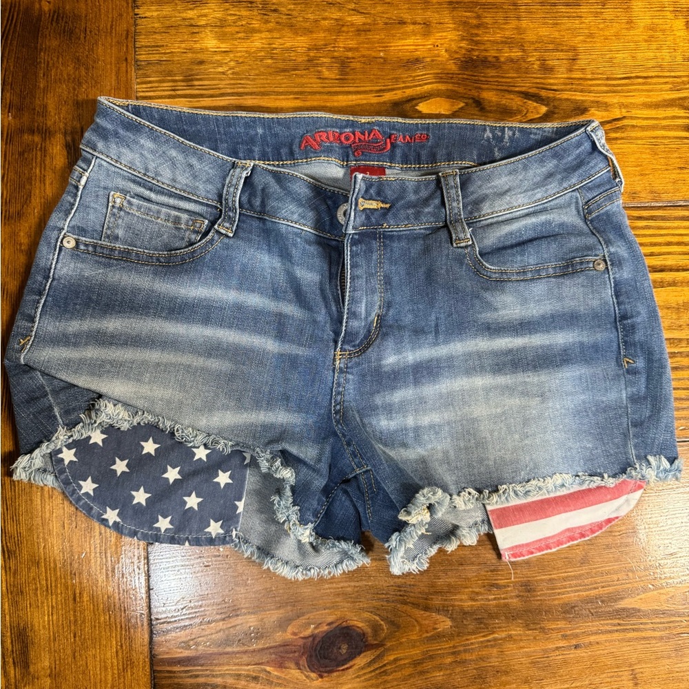 Arizona Jean Company Blue Jean Shorts with Distressed American Flag Design